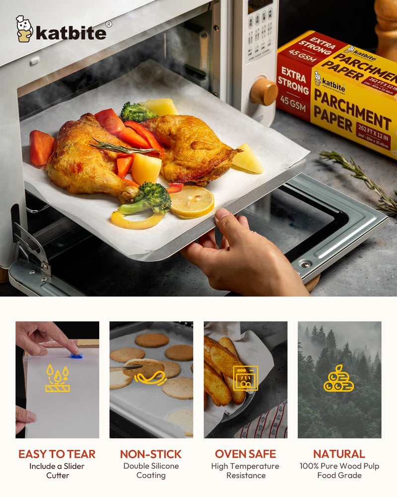 Katbite Heavy Duty Parchment Paper Roll for Baking, 12 in x 262 ft Non-Stick Baking Paper for Cooking, Baking Cookies, Grilling, Air Fryer and Steaming (1Pack) - Image 3