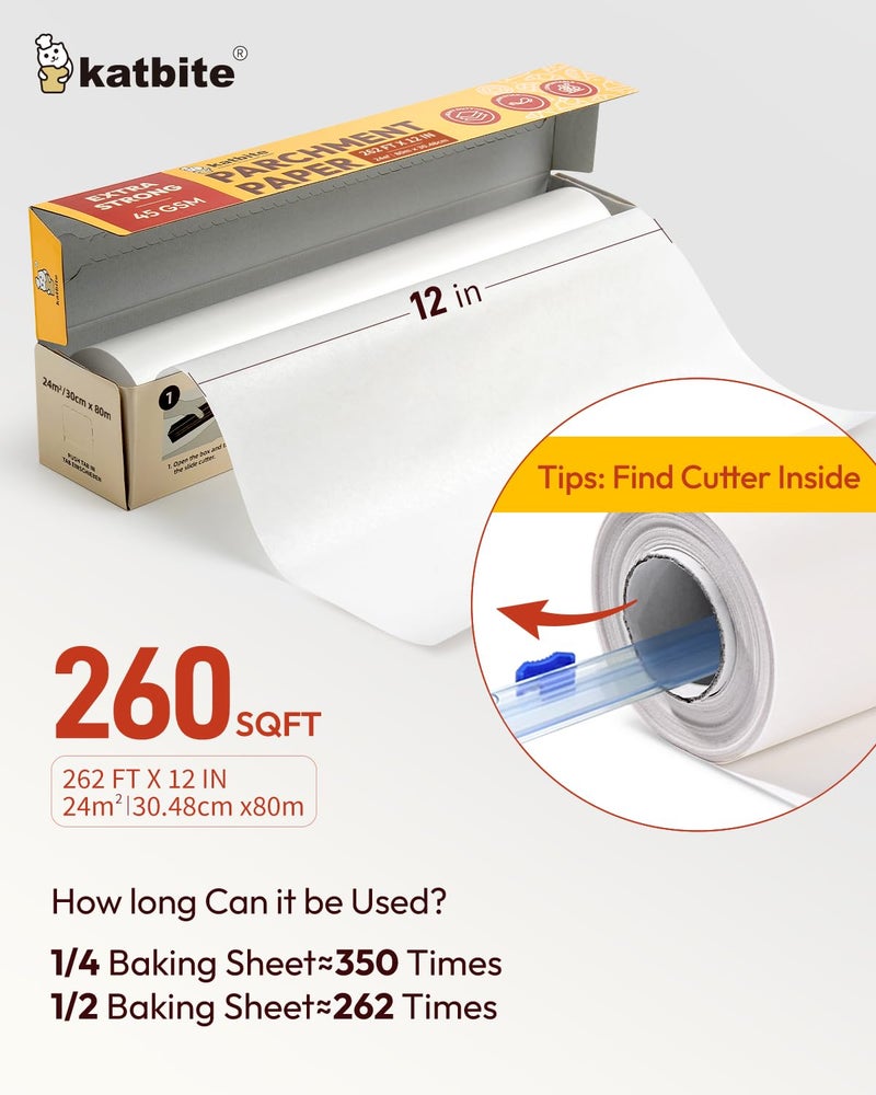 Katbite Heavy Duty Parchment Paper Roll for Baking, 12 in x 262 ft Non-Stick Baking Paper for Cooking, Baking Cookies, Grilling, Air Fryer and Steaming (1Pack) - Image 2