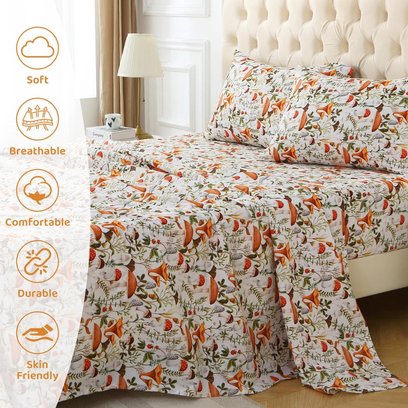 Mooreeke Cozy Vintage Microfiber Printed Twin Sheet Set - Soft & Breathable Mushroom Forest Bed Sheets with Extra Deep Pocket - Non-Slip Fitted Design - Jungle Mushroom Leaves Pattern - Twin - Image 3