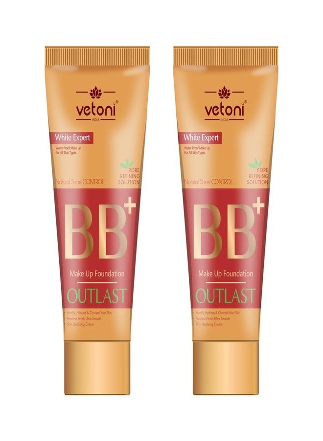 Vetoni Outlast Liquid Foundation BB+ Cream, 3-in-1 Foundation + Moisturiser + SPF 37, 24 Hr Aloe Hydration, Vitamin C, 12 Hr Long Wear, Medium to High Coverage, 120ml (Pack of 2) - Image 1