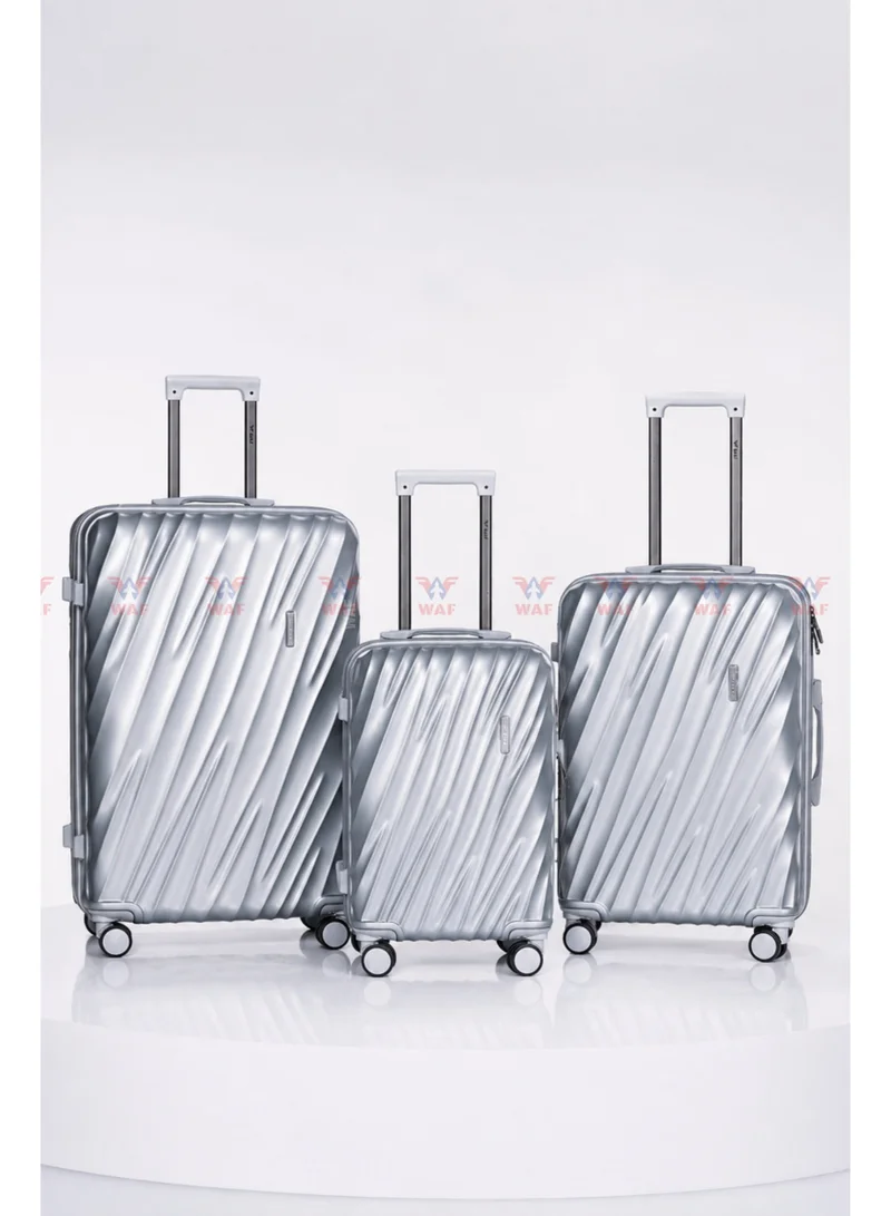 WAF Luggage Set 20 24 28 Inch WAF WAVE 3 Piece  ABS & Polycarbonate Hard Shell Suitcase with TSA Lock and 360 Spinner Wheels Silver