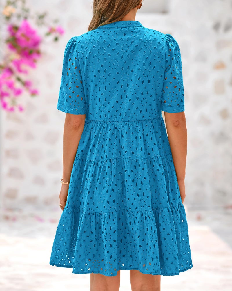 BTFBM Womens Boho Summer Dresses 2026 Spring V Neck Short Sleeve Hollow Out Lace Ruffle Casual Beach Mini Vacation Dress(Lake Blue, Large) - Image 3