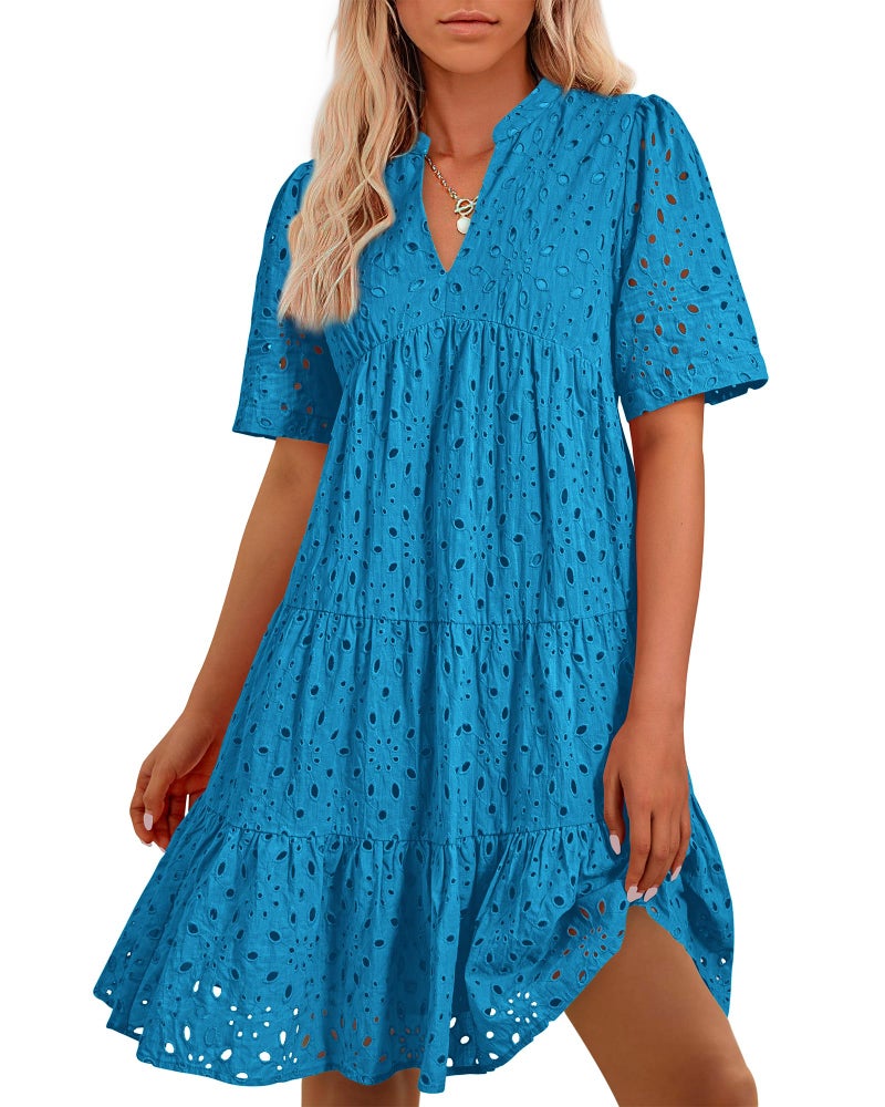BTFBM Womens Boho Summer Dresses 2026 Spring V Neck Short Sleeve Hollow Out Lace Ruffle Casual Beach Mini Vacation Dress(Lake Blue, Large) - Image 1
