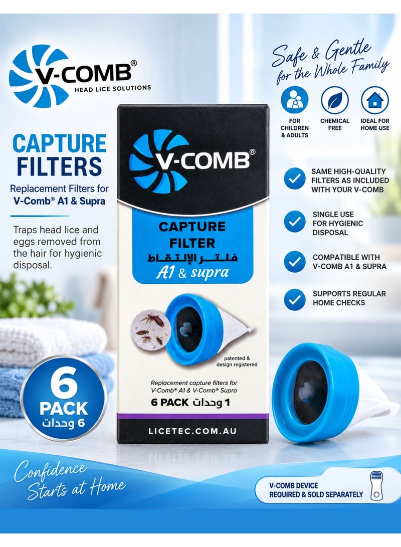 في كومب V-Comb فلتر الالتقاط A1 & Supra عبوة 6 قطع، فلاتر التقاط بديلة للاستخدام مرة واحدة مع مشط V-Comb لقمل الرأس، مصممة لجمع قمل الرأس والبيض الذي يزيله الجهاز من الشعر، ملحق فلتر قابل للتخلص منه بطريقة صحية ومتوافق مع V-Comb A1 وV-Comb Supra، يتطلب جهاز V-Comb - Image 1