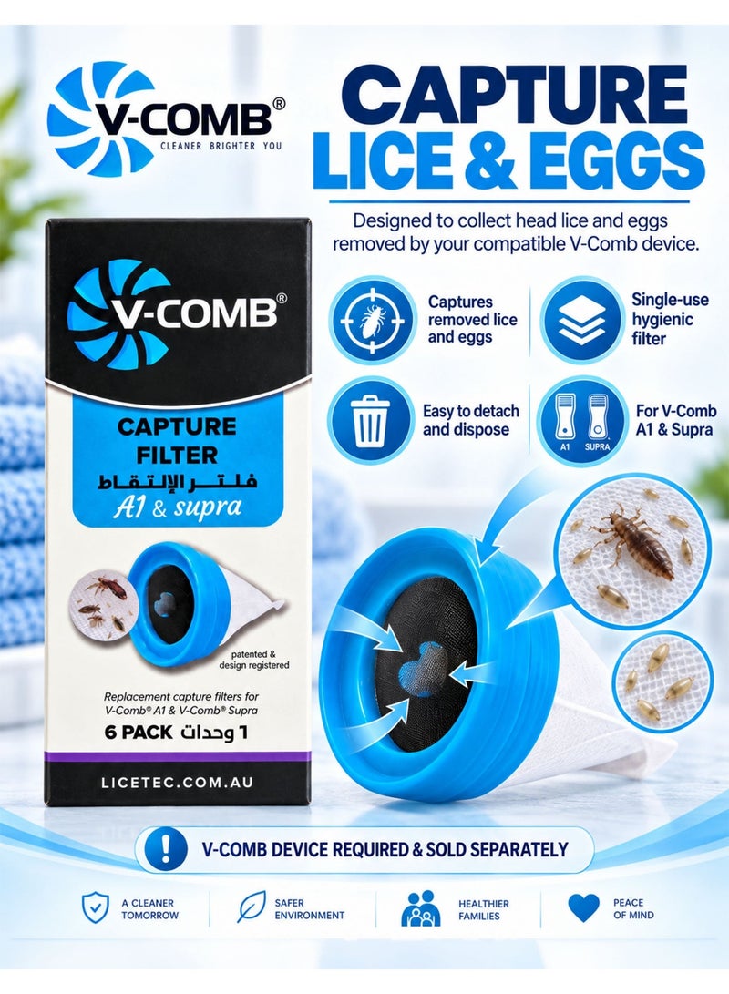 في كومب V-Comb فلتر الالتقاط A1 & Supra عبوة 6 قطع، فلاتر التقاط بديلة للاستخدام مرة واحدة مع مشط V-Comb لقمل الرأس، مصممة لجمع قمل الرأس والبيض الذي يزيله الجهاز من الشعر، ملحق فلتر قابل للتخلص منه بطريقة صحية ومتوافق مع V-Comb A1 وV-Comb Supra، يتطلب جهاز V-Comb - Image 4