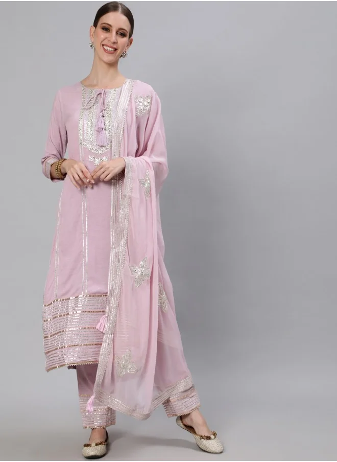 آي شين Straight Fit Embroidered Pattern Round Neck Three-Quarter Sleeves Purple Colour Knitted Cotton Kurta Set for Women with Semi Elastic Closure - A Statement Piece for Every Look