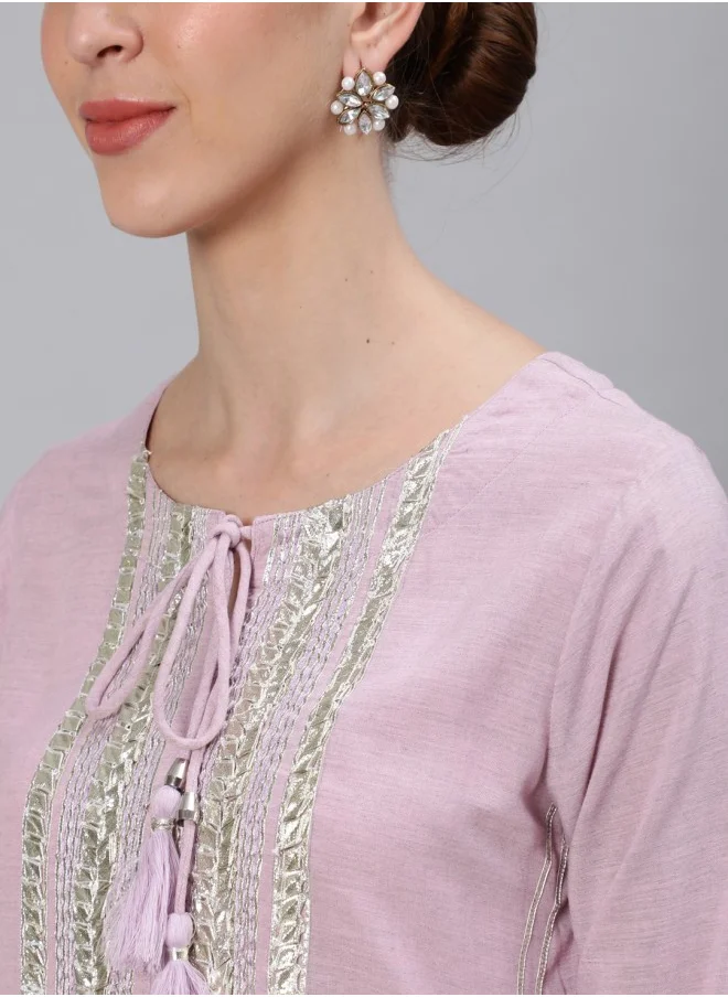 آي شين Straight Fit Embroidered Pattern Round Neck Three-Quarter Sleeves Purple Colour Knitted Cotton Kurta Set for Women with Semi Elastic Closure - A Statement Piece for Every Look