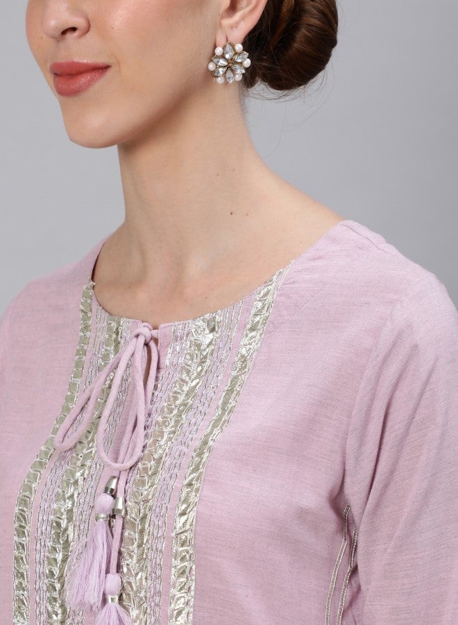 ISHIN Women's Purple 100% Cotton Embroidered Straight Fit Kurta Set  - Image 2