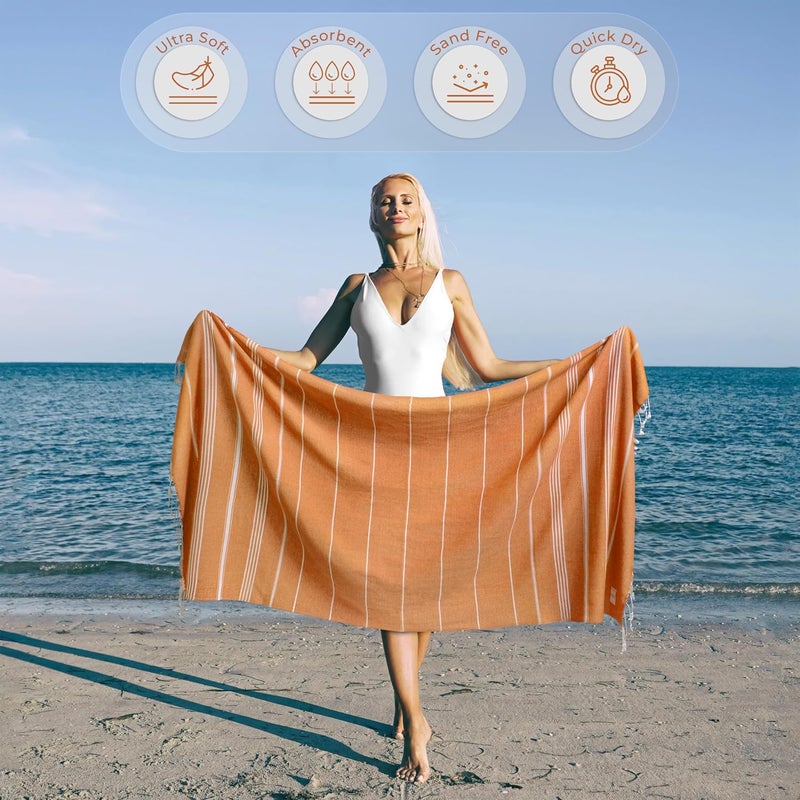 Ossano Turkish Beach Towel Striped & Smart Blend Oversized (39" x 71") - Quick Dry, Versatile and Functional as Picnic and Beach Blanket, Yoga, Pool, Travel and Gym Towels - Orange - Image 2
