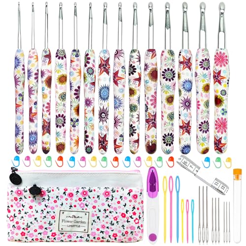 Hobekoee 14 Sizes Crochet Hooks Set,2.25mm(B)-10mm(N) Ergonomic Handle Crochet Hook for Arthritic Hands,Long Crochet Needles Set with Case for Beginners and Enthusiasts - Image 1