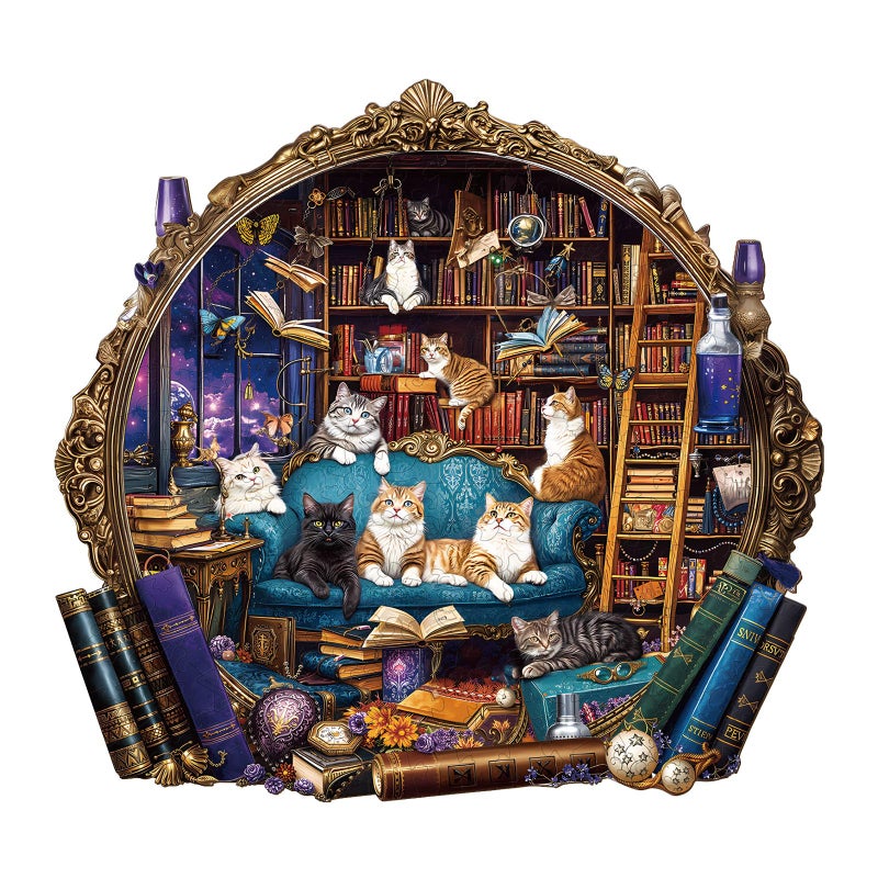 Artipuz Wooden Puzzles for Adults Cat Library Adventure Wooden Puzzle Unique Shape Wood Jigsaw Puzzle for Adults Wood Puzzles Adult Gifts for Cat Lovers Wall Art Home Decor 255pcs 134 126in L - Image 3