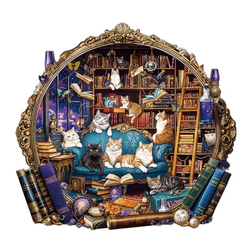 Artipuz Wooden Puzzles for Adults Cat Library Adventure Wooden Puzzle Unique Shape Wood Jigsaw Puzzle for Adults Wood Puzzles Adult Gifts for Cat Lovers Wall Art Home Decor 255pcs 134 126in L - Image 1