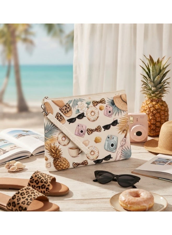 شنطة ميكب SUMMER VIBES - نقشة أناناس - أبيض × بني - 30 × 40 سم - تصميم صيفي أنيق - Image 2
