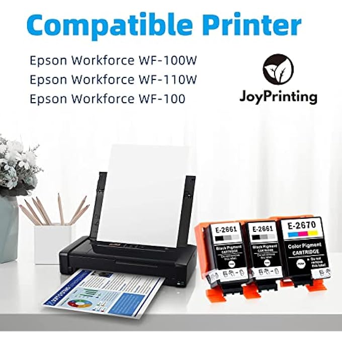 خراطيش حبر T266 T267 متوافقة مع إبسون T2661 T2670 لطابعة ووركفورس WF-100W WF110W WF 100W 110W (2 × أسود، 9 مل، 1 × لون، 11 مل) - Image 3