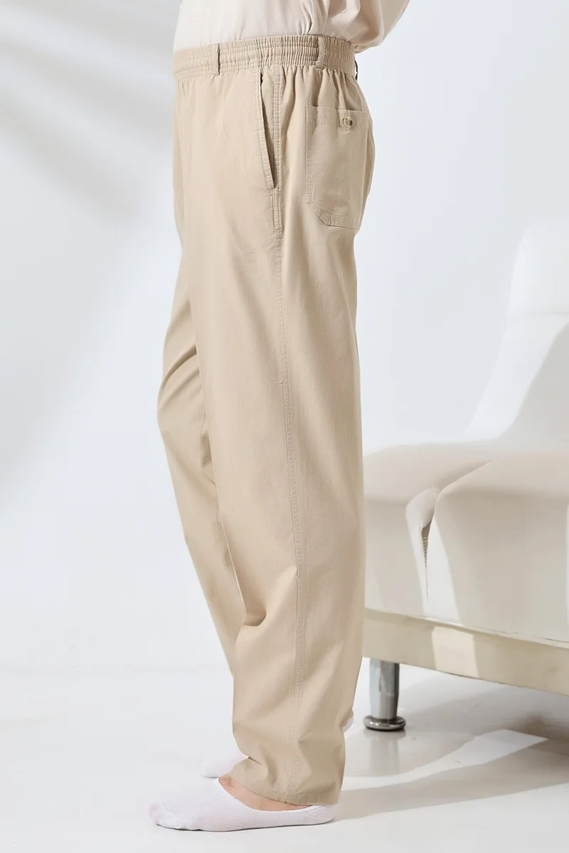 İhvan Online Ihvan Online Men's Beige Comfortable Cut Elastic Waist Linen Hajj and Umrah Shalwar Trousers