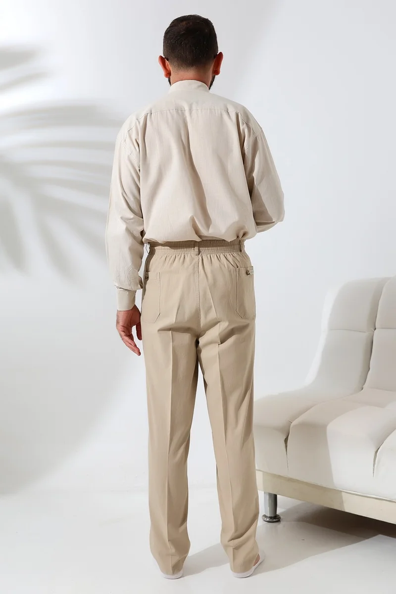 İhvan Online Ihvan Online Men's Beige Comfortable Cut Elastic Waist Linen Hajj and Umrah Shalwar Trousers