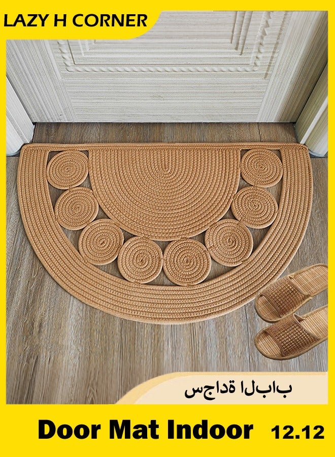 رَاحَة الرُّكْن دعاسة باب المنزل بنمط البوهو نصف الدائرية: مصنوعة يدويًا من الكتان الطبيعي، مضادة للانزلاق وقابلة للغسيل - مثالية للمدخل والمطبخ والحديقة - مقاسات ٨٠/٩٠/١٢٠ سم - Image 1