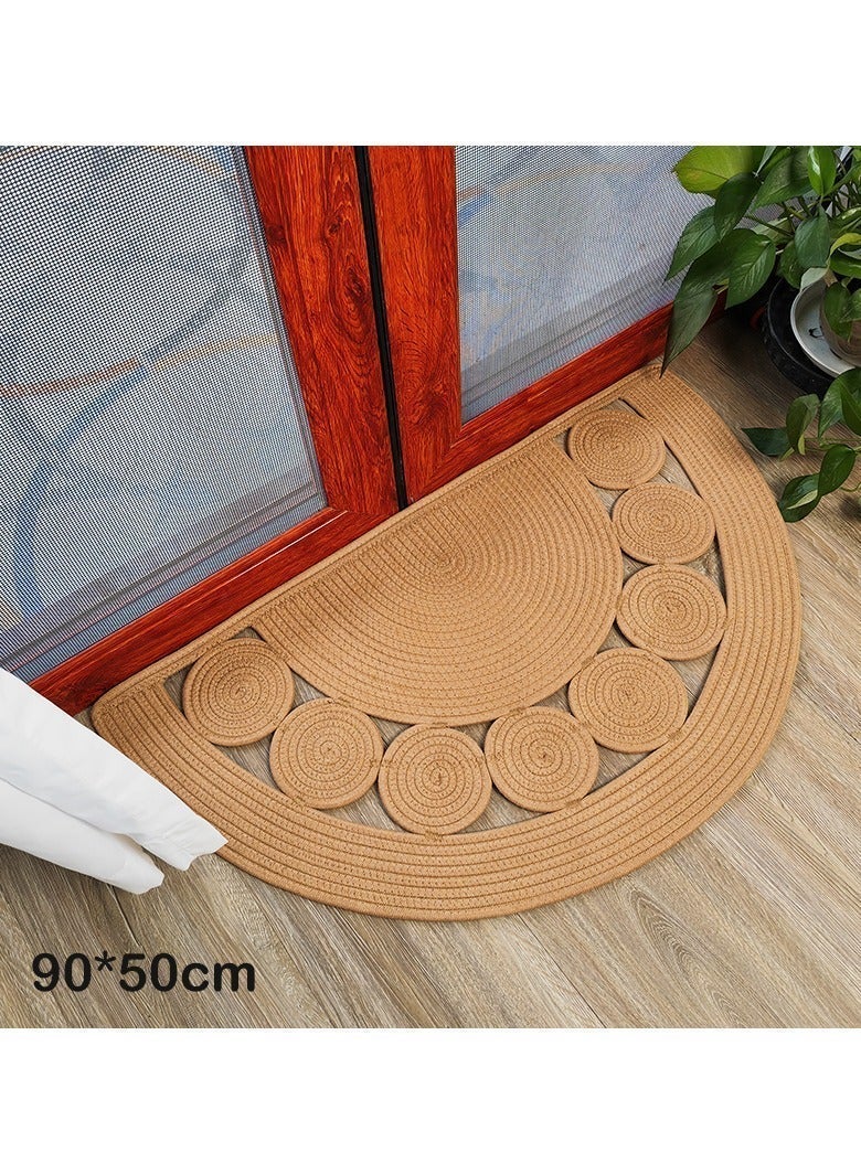 LAZY H CORNER Semi Circle Door Mat Indoor Outdoor, Bohemian Handwoven Linen Cotton Washable Non-Slip Entry Rugs, Machine Washable Fast Drying Runner for Bathroom & Porch, 80/90/120 cm- Nature - Image 2