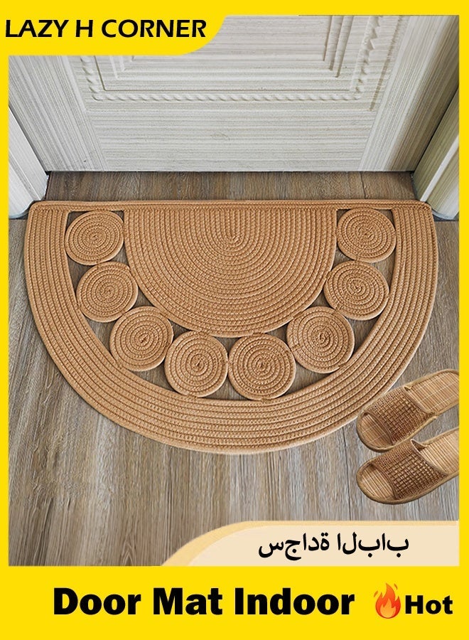 LAZY H CORNER Semi Circle Door Mat Indoor Outdoor, Bohemian Handwoven Linen Cotton Washable Non-Slip Entry Rugs, Machine Washable Fast Drying Runner for Bathroom & Porch, 80/90/120 cm- Nature - Image 1