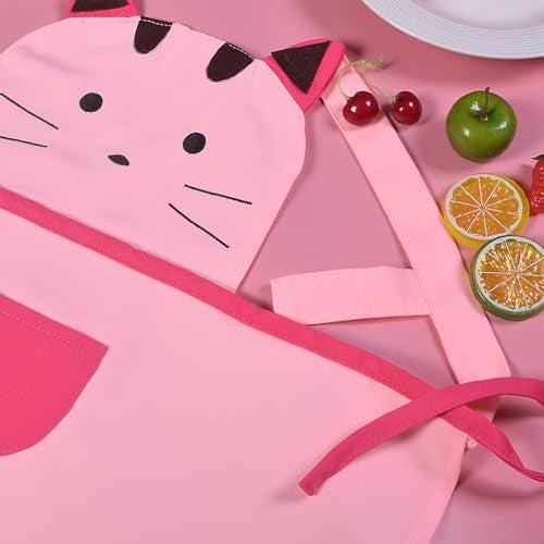 Love Potato Cute Girls Toddler Cartoom Cat Embroidered Cotton Kitchen Cooking Baking Apron for Kids 2-4 Years Old (Pink) - Image 4