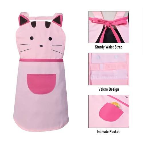 Love Potato Cute Girls Toddler Cartoom Cat Embroidered Cotton Kitchen Cooking Baking Apron for Kids 2-4 Years Old (Pink) - Image 3