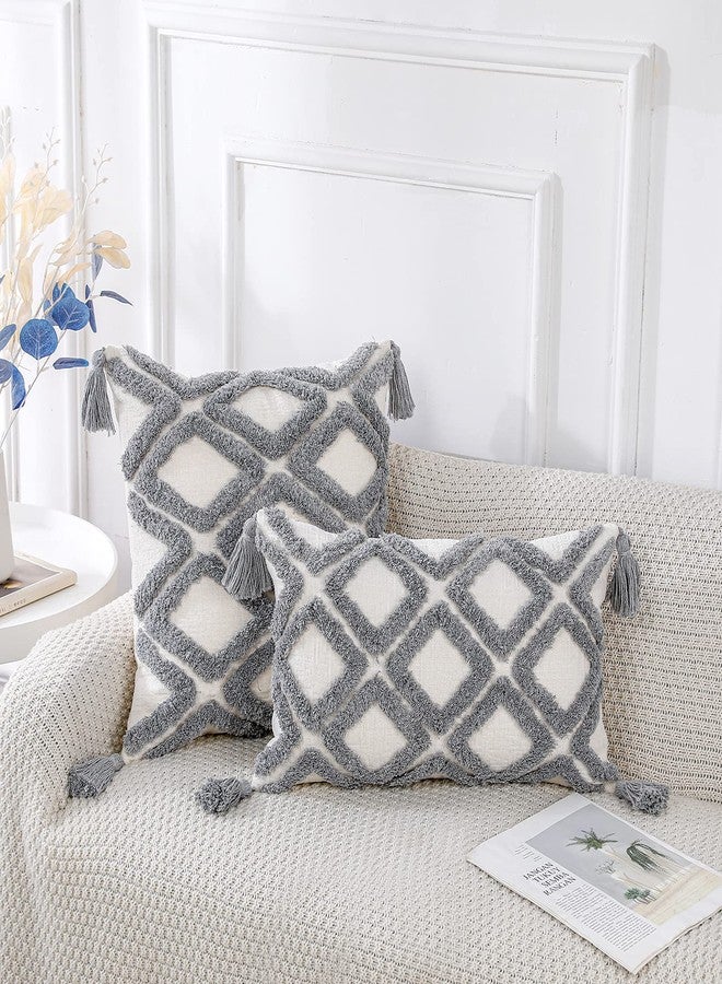 PANOD Super Soft Farmhouse Decorative Plush Throw Pillow Covers 24 x 24 Grey,Solid Diamond Pattern Tufted with Tassels Modern Accent Boho Square Cushion Cover Pillow Case for Couch Sofa - Image 2
