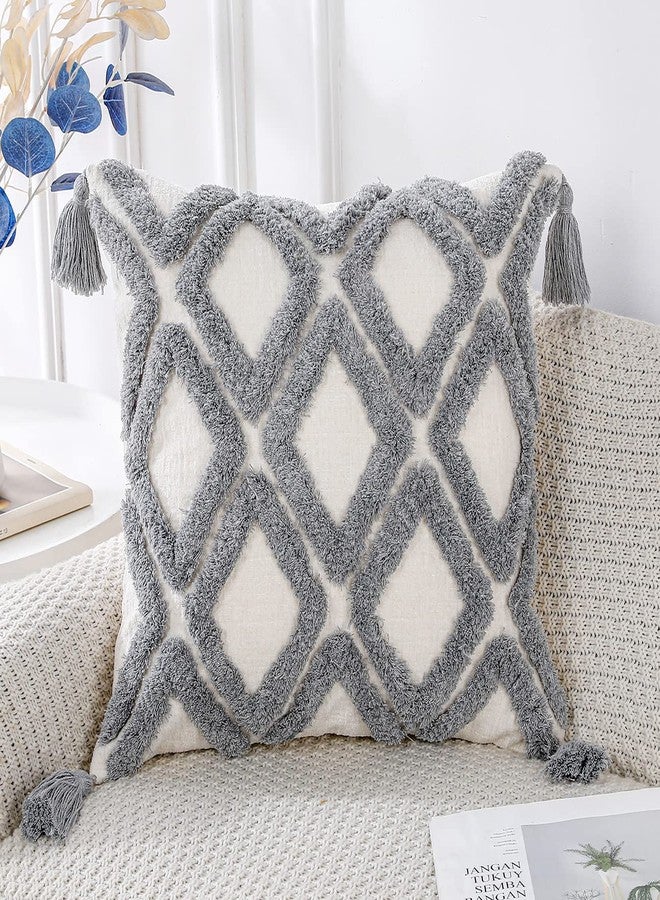 PANOD Super Soft Farmhouse Decorative Plush Throw Pillow Covers 24 x 24 Grey,Solid Diamond Pattern Tufted with Tassels Modern Accent Boho Square Cushion Cover Pillow Case for Couch Sofa - Image 1
