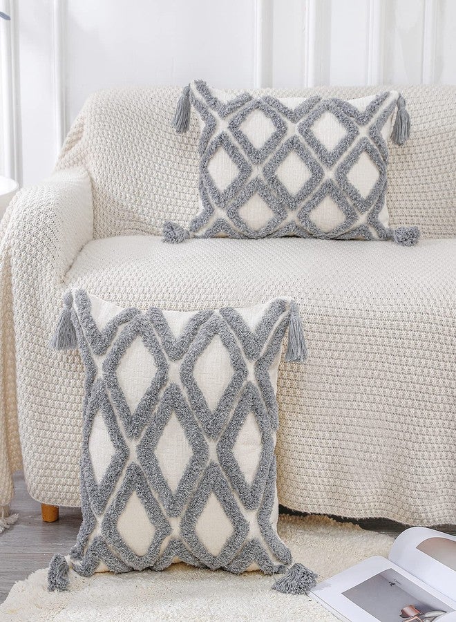 PANOD Super Soft Farmhouse Decorative Plush Throw Pillow Covers 24 x 24 Grey,Solid Diamond Pattern Tufted with Tassels Modern Accent Boho Square Cushion Cover Pillow Case for Couch Sofa - Image 3