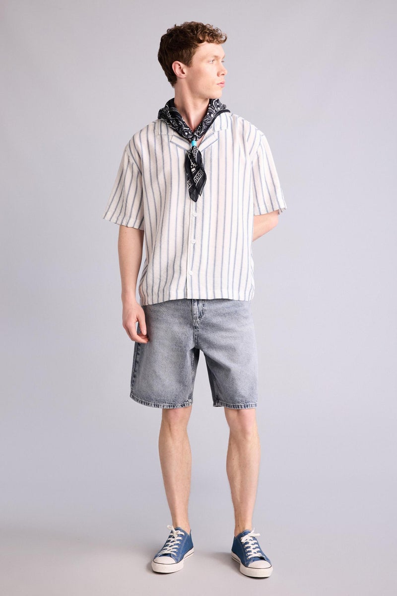 DeFacto White Man Boxy Fit Apache Neck Striped Short Sleeve Shirt Casual - Image 2