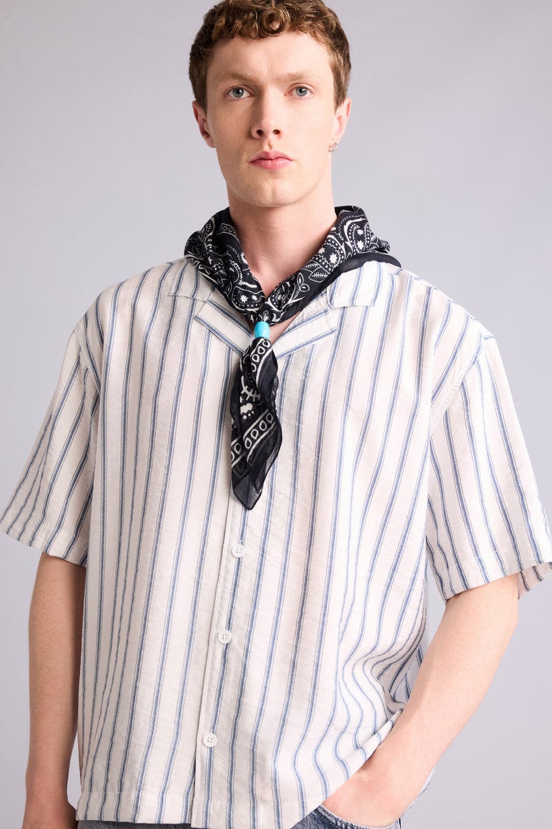 DeFacto White Man Boxy Fit Apache Neck Striped Short Sleeve Shirt Casual - Image 3