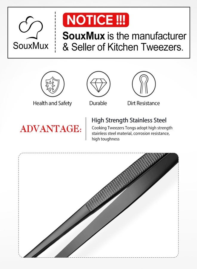 SouxMux 2 Pcs 10-inch Cooking Tweezers Tongs Precision Serrated Tips, Stainless Steel Professional Chef Tweezer Kitchen Tools for BBQ, Plating and Serving (Black) - Image 4