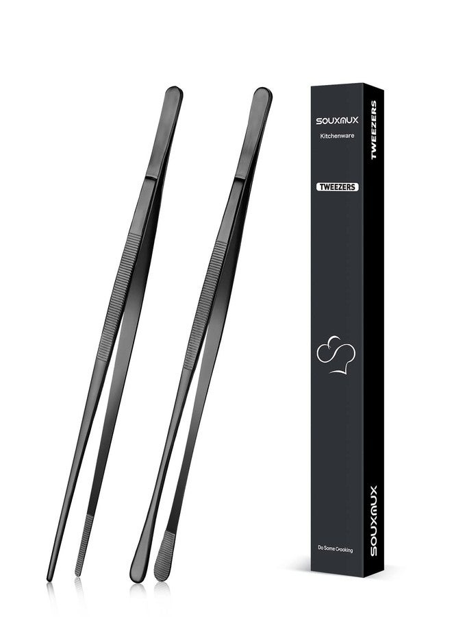 SouxMux 2 Pcs 10-inch Cooking Tweezers Tongs Precision Serrated Tips, Stainless Steel Professional Chef Tweezer Kitchen Tools for BBQ, Plating and Serving (Black) - Image 1