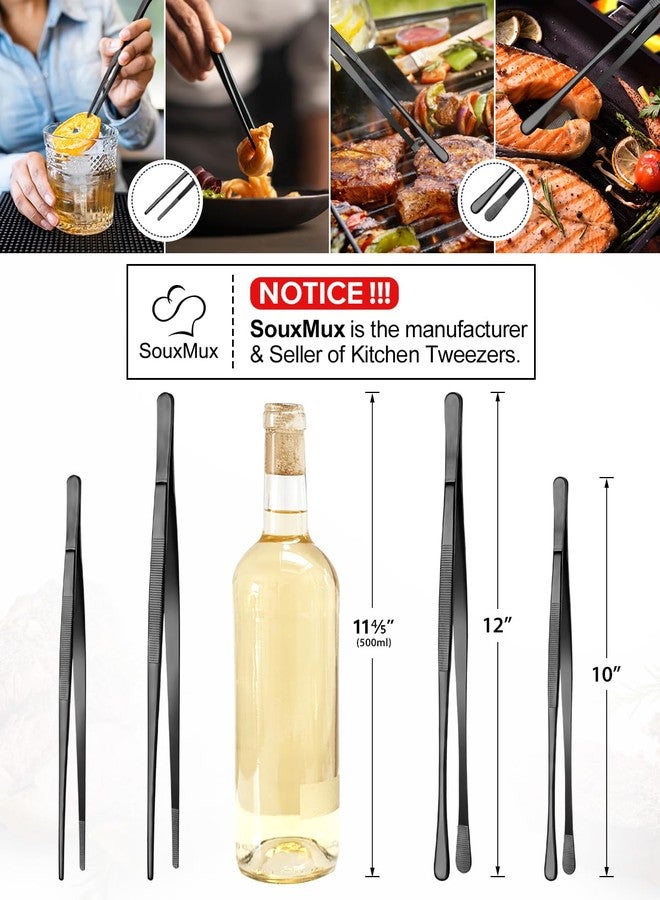 SouxMux 2 Pcs 10-inch Cooking Tweezers Tongs Precision Serrated Tips, Stainless Steel Professional Chef Tweezer Kitchen Tools for BBQ, Plating and Serving (Black) - Image 3