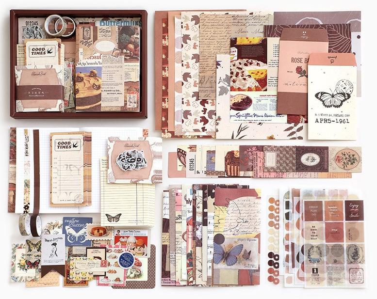 D&L Vintage Scrapbooking Paper Kit Aesthetic Scrapbook Supplies Set Journal Decoration Material With A6 Grid Notebook Washi Paper Sticker Tape For Kids Teen Adult Diy Craft - Image 1