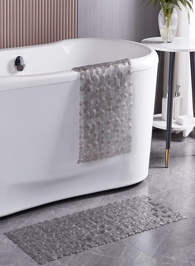 Webos Bath Shower Mat Non Slip: Extra Large Pebble Bathtub mat for Families, Anti Slip Shower Matt with Drain Holes Suction Cups Tub Mat - 16 X 40 Inch Clear Grey - Image 3