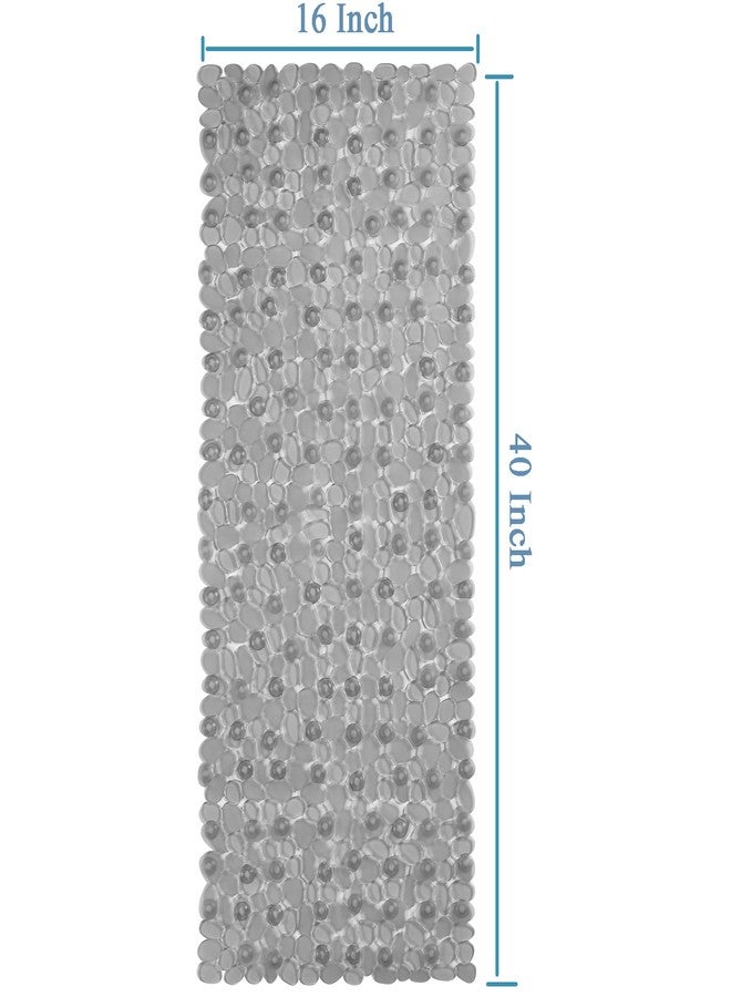 Webos Bath Shower Mat Non Slip: Extra Large Pebble Bathtub mat for Families, Anti Slip Shower Matt with Drain Holes Suction Cups Tub Mat - 16 X 40 Inch Clear Grey - Image 2