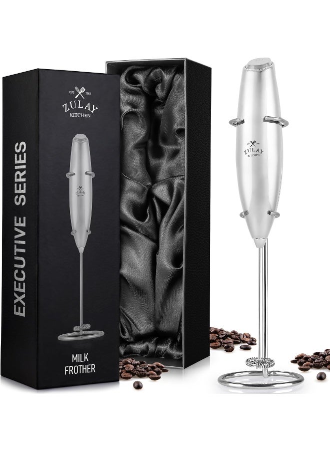 Zulay Kitchen Zulay Executive Series Ultra Premium Gift Milk Frother For Coffee With Deluxe, Radiant Finish - Coffee Frother Handheld Foam Maker - Electric Milk Frother Handheld For Lattes Premium Uv Silver - Image 2