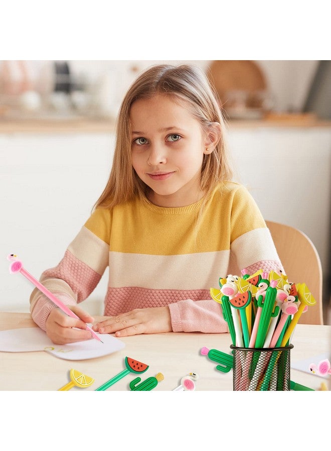 FFNIU 30Pcs Hawaiian Luau Ballpoint Pens, 0.5 mm Black Gel Ink Pen, Cute Flamingo Watermelon Cactus Lemon Fruit Pen for Kids Student and School Office Supplies - Image 3