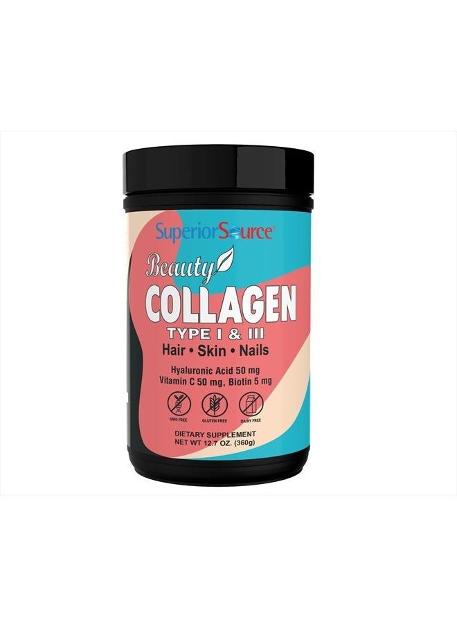 Superior Source Beauty Collagen Peptides (Hydrolyzed Types 1 & 3), Hyaluronic Acid, Vitamin C, Biotin, Hair, Skin and Nail Support, Grass-Fed, Paleo and Keto Friendly, Unflavored (12.7 oz), Non-GMO  - Image 1