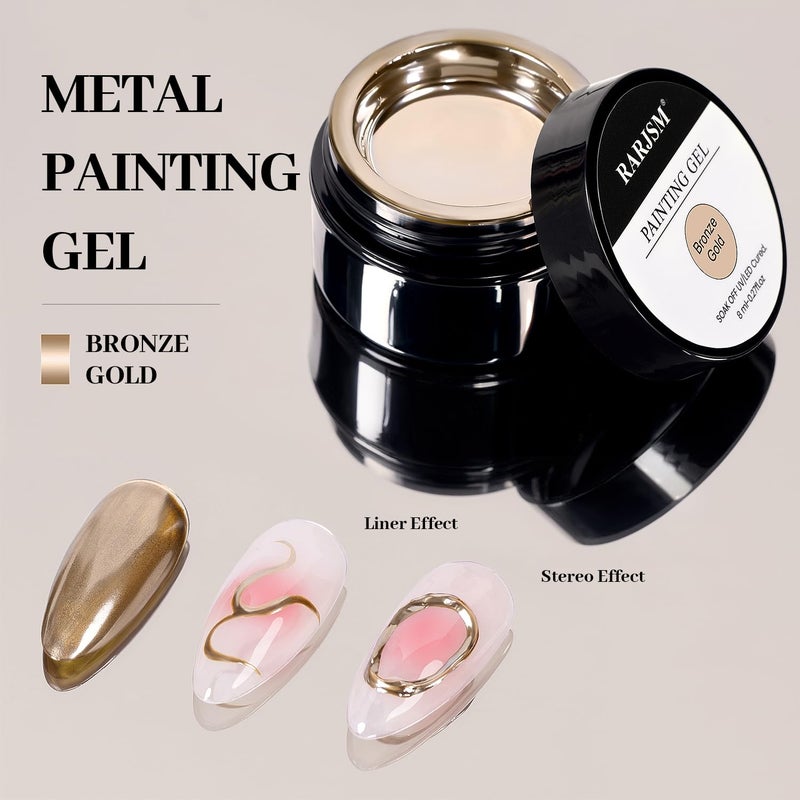 RARJSM Metallic Painting Gel Nail Polish Bronze Gold Chrome 3D Metal Painted Drawing Gel Polish 8ml Reflective Mirror Effect Glossy Shine Soak Off Curing Need Home Salon DIY Nail Art Liner Design - Image 3