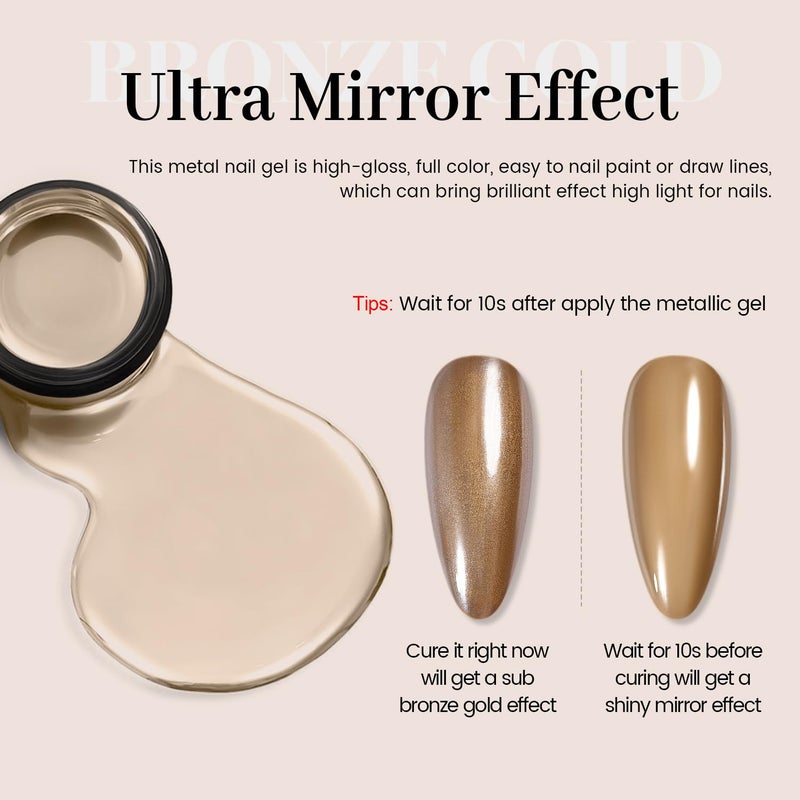 RARJSM Metallic Painting Gel Nail Polish Bronze Gold Chrome 3D Metal Painted Drawing Gel Polish 8ml Reflective Mirror Effect Glossy Shine Soak Off Curing Need Home Salon DIY Nail Art Liner Design - Image 4
