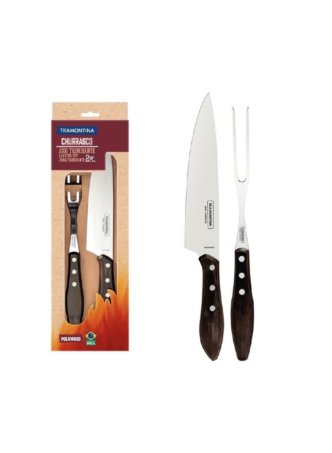 TRAMONTINA Since 1911,Made in Brazil-  2 Piece Barbecue Churrasco Set - Stainless Steel Professional Sharp Chef Carving Knives And Forks Set With Plywood Handles. - Image 1