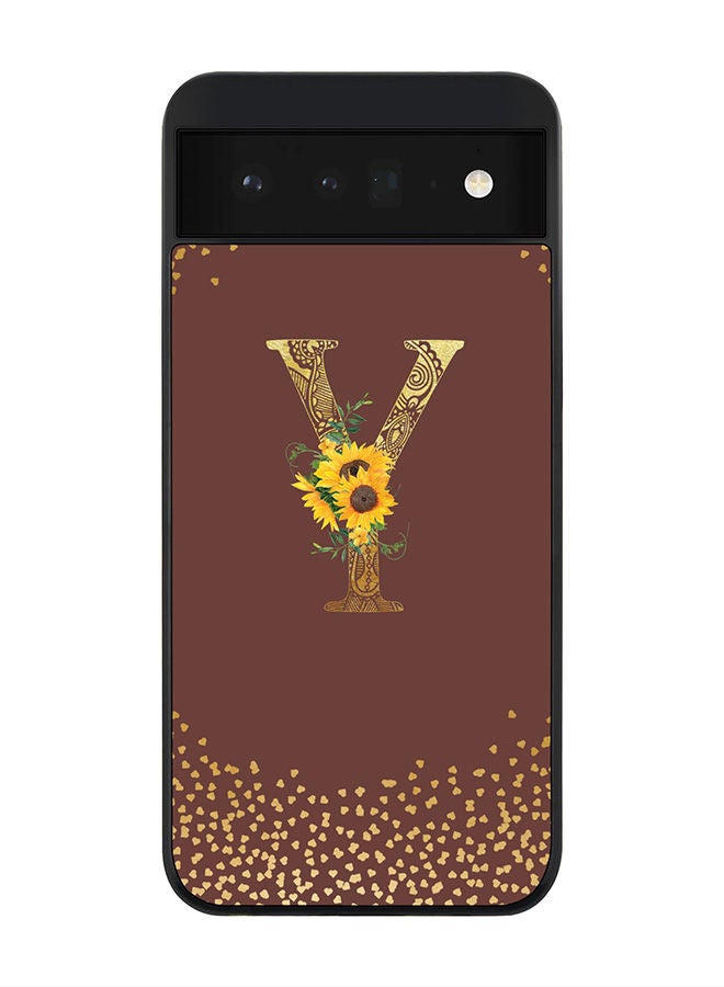 Stylizedd Rugged Black edge case for Google Pixel 6 5G Slim fit Soft Case Flexible Rubber Edges Anti Drop TPU Gel Thin Cover - Custom Monogram Initial Letter Floral Pattern Alphabet - Y (Brown ) - Image 1