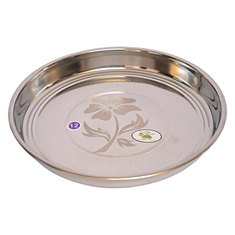 CHEF TURTLES Stainless Steel Dinner Plate Thali Khumcha Plate with Laser Design Set of 6 Plates Diamm 27 Cms - Image 1