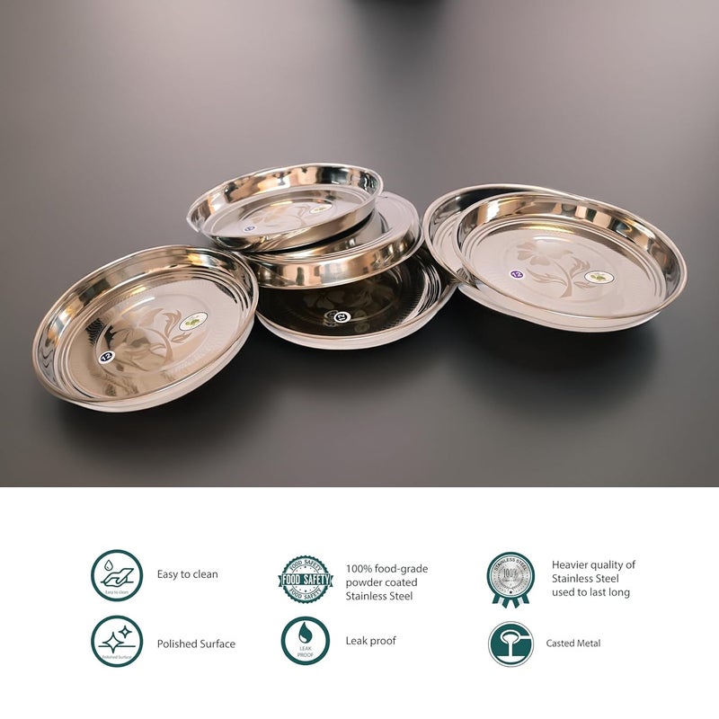 CHEF TURTLES Stainless Steel Dinner Plate Thali Khumcha Plate with Laser Design Set of 6 Plates Diamm 27 Cms - Image 3