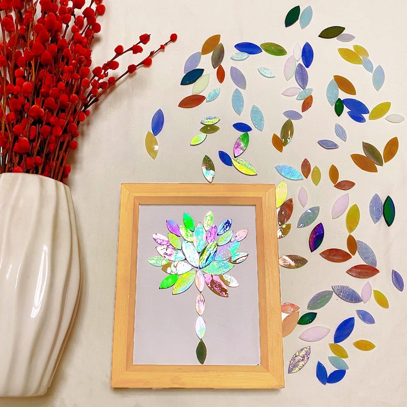 Paljolly 120 Pcs Iridescent Glass Petal Mosaic Tiles For Crafts  Stained Glass Supplies  Flower Leaves Mosaic Pieces Kit  Assorted Size And Rainbow Colors - Image 4