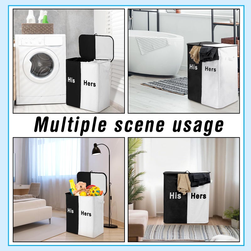 DoubleFill 154L Large Double Laundry Hamper with Lid and Removable Bags Laundry Basket 2 Section Collapsible Dirty Clothes Hamper for Bathroom Bedroom for Husband&Wife Parents or Couple(His Hers) - Image 4