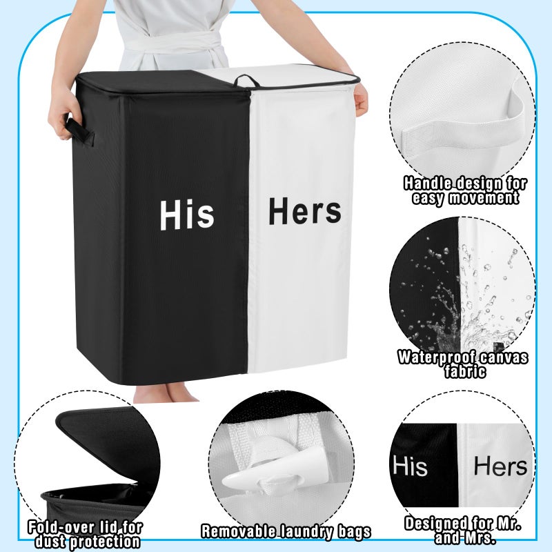 DoubleFill 154L Large Double Laundry Hamper with Lid and Removable Bags Laundry Basket 2 Section Collapsible Dirty Clothes Hamper for Bathroom Bedroom for Husband&Wife Parents or Couple(His Hers) - Image 3