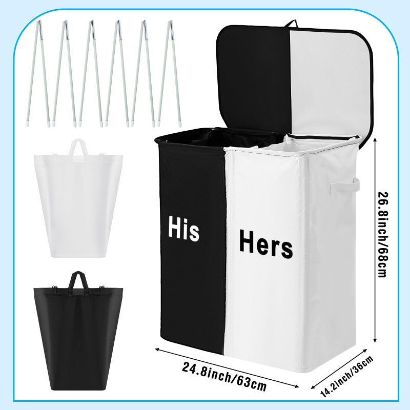 DoubleFill 154L Large Double Laundry Hamper with Lid and Removable Bags Laundry Basket 2 Section Collapsible Dirty Clothes Hamper for Bathroom Bedroom for Husband&Wife Parents or Couple(His Hers) - Image 2