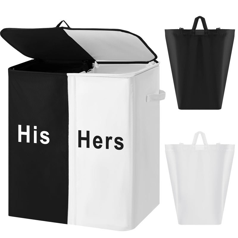 DoubleFill 154L Large Double Laundry Hamper with Lid and Removable Bags Laundry Basket 2 Section Collapsible Dirty Clothes Hamper for Bathroom Bedroom for Husband&Wife Parents or Couple(His Hers) - Image 1